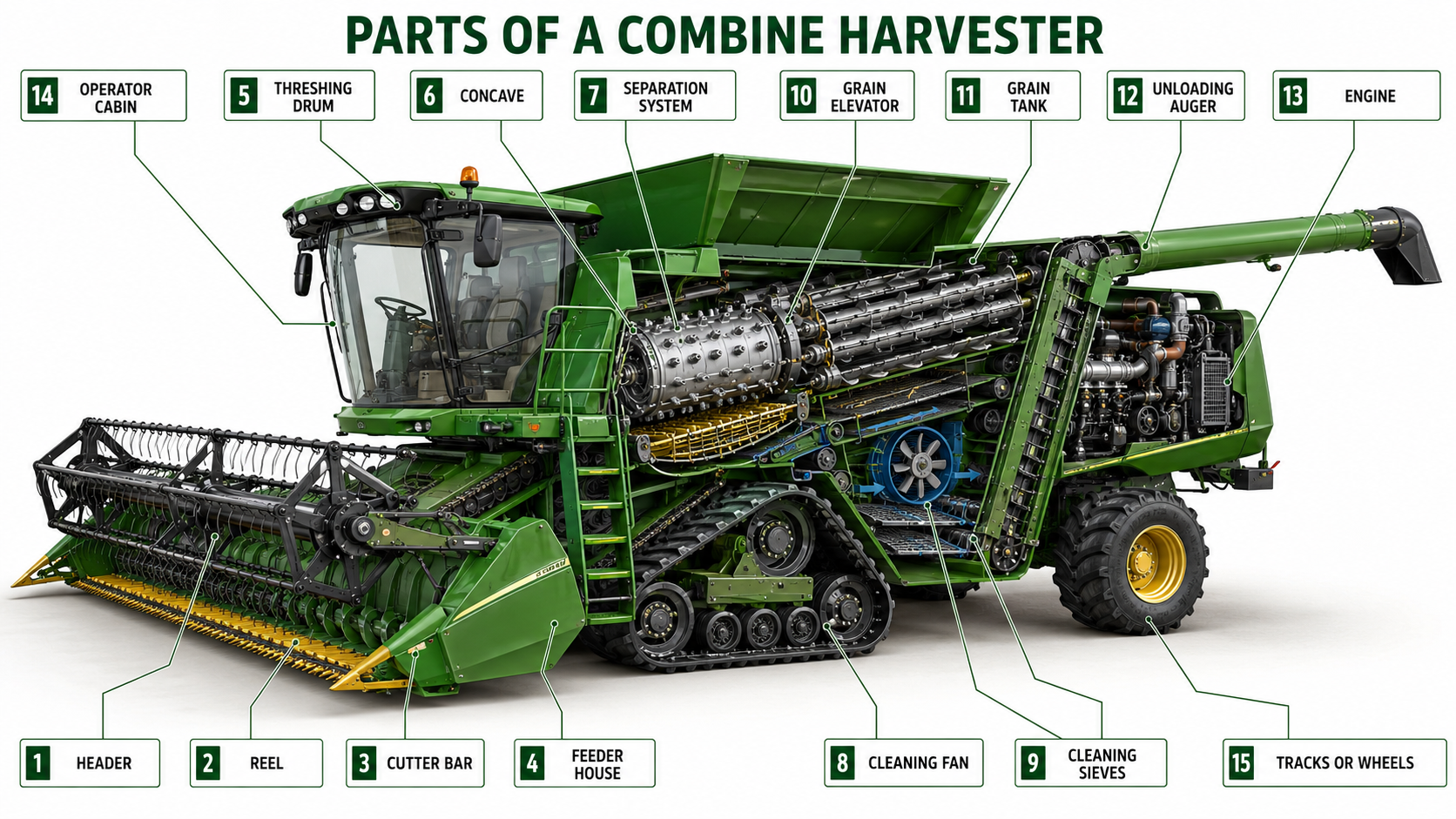 Parts of a Combine Harvester Diagram labeled parts of a combine harvester and their functions