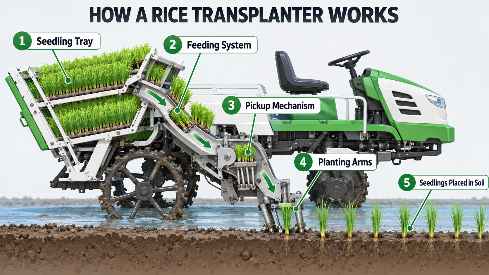 How a rice transplanter feeds and plants rice seedlings